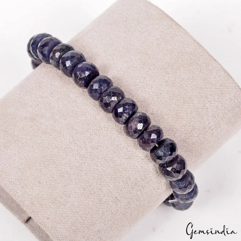 180 Cts Natural Dark Blue Sapphire Round Faceted Beaded Stretchable Bracelet 7"