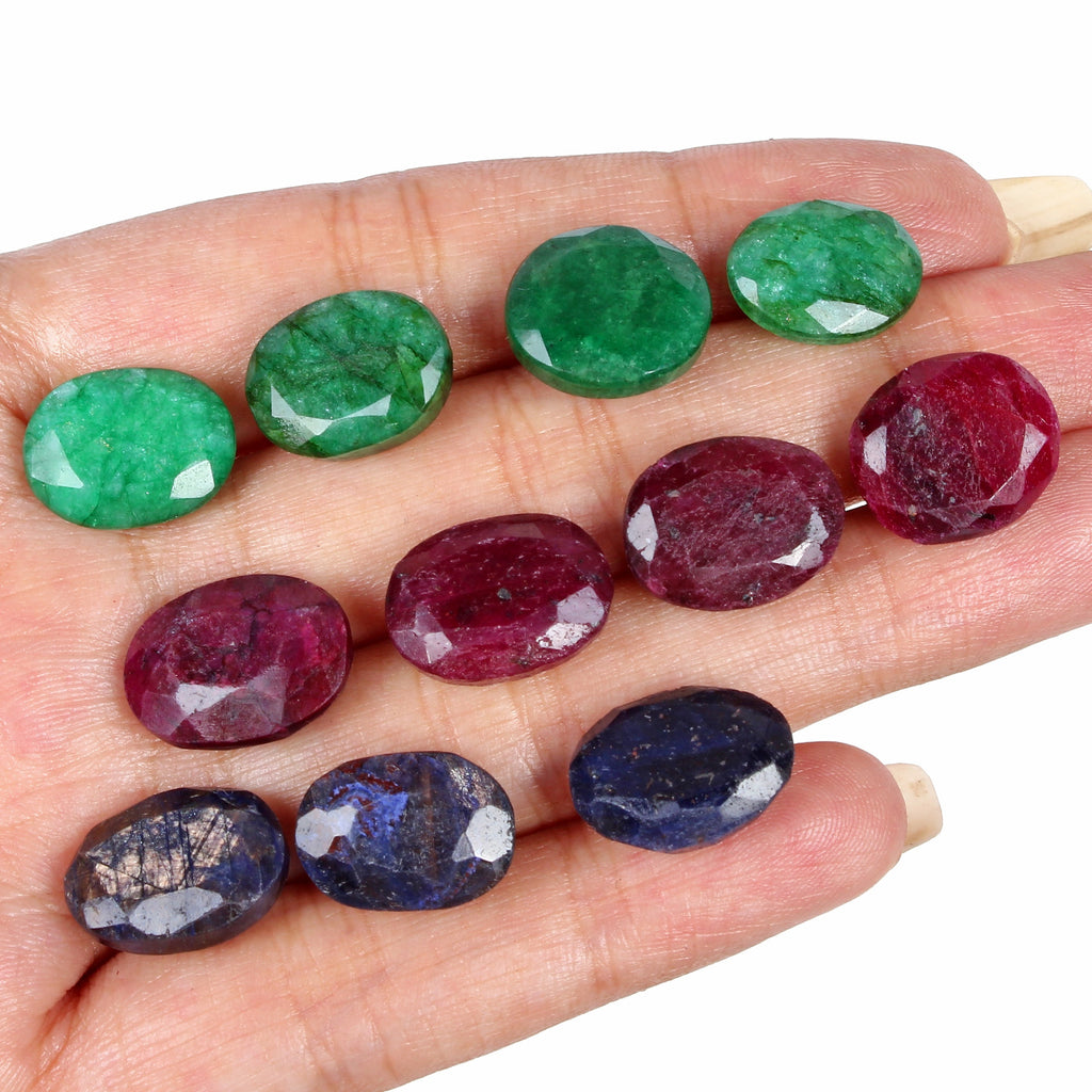 Natural Ruby, Emerald & Sapphire Oval Gemstones 139.50 Cts/11 Pcs Certified Lot