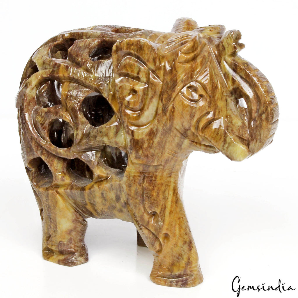 1430 Ct Soapstone Carved Elephant - Baby Inside Mother's Tummy Sculpture/Statue