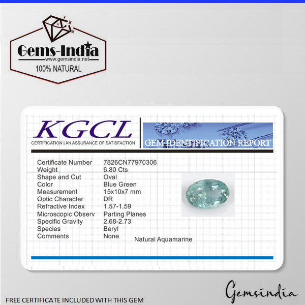 Certified 6.80 Ct Blue Santa Maria Aquamarine Gem From Brazil 100% Natural Color