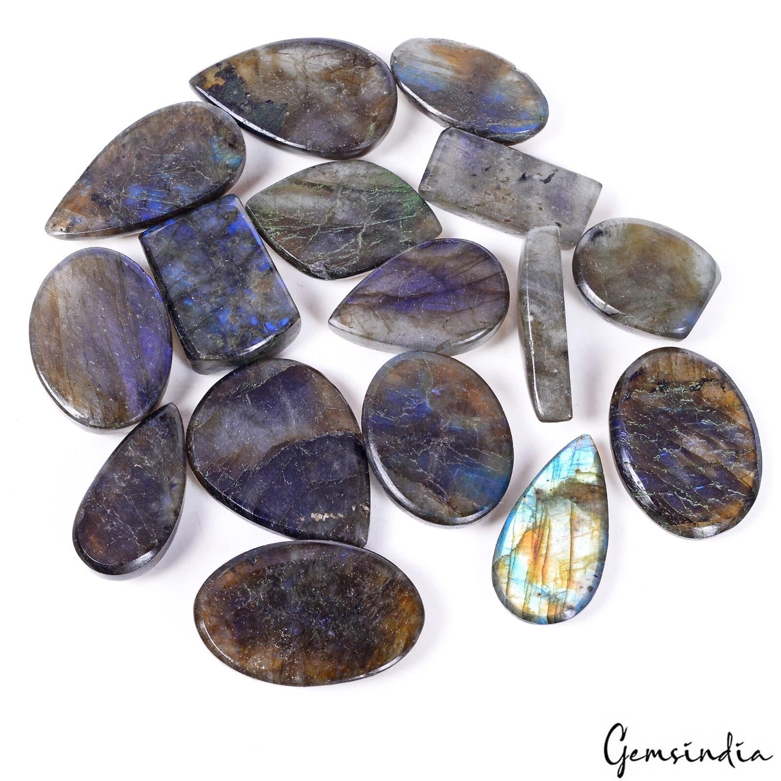 Labradorite Lot, Cabochon, Untreated, Blue — 16 Pieces, 20mm to 30mm, 400 Ct