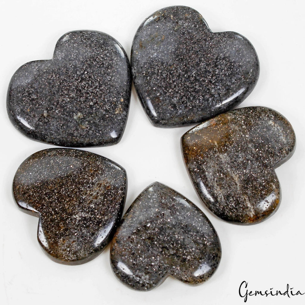 5 Pc Natural Black Sunstone Heart Glossy Untreated Cabochon Gemstones Lot 370 Ct