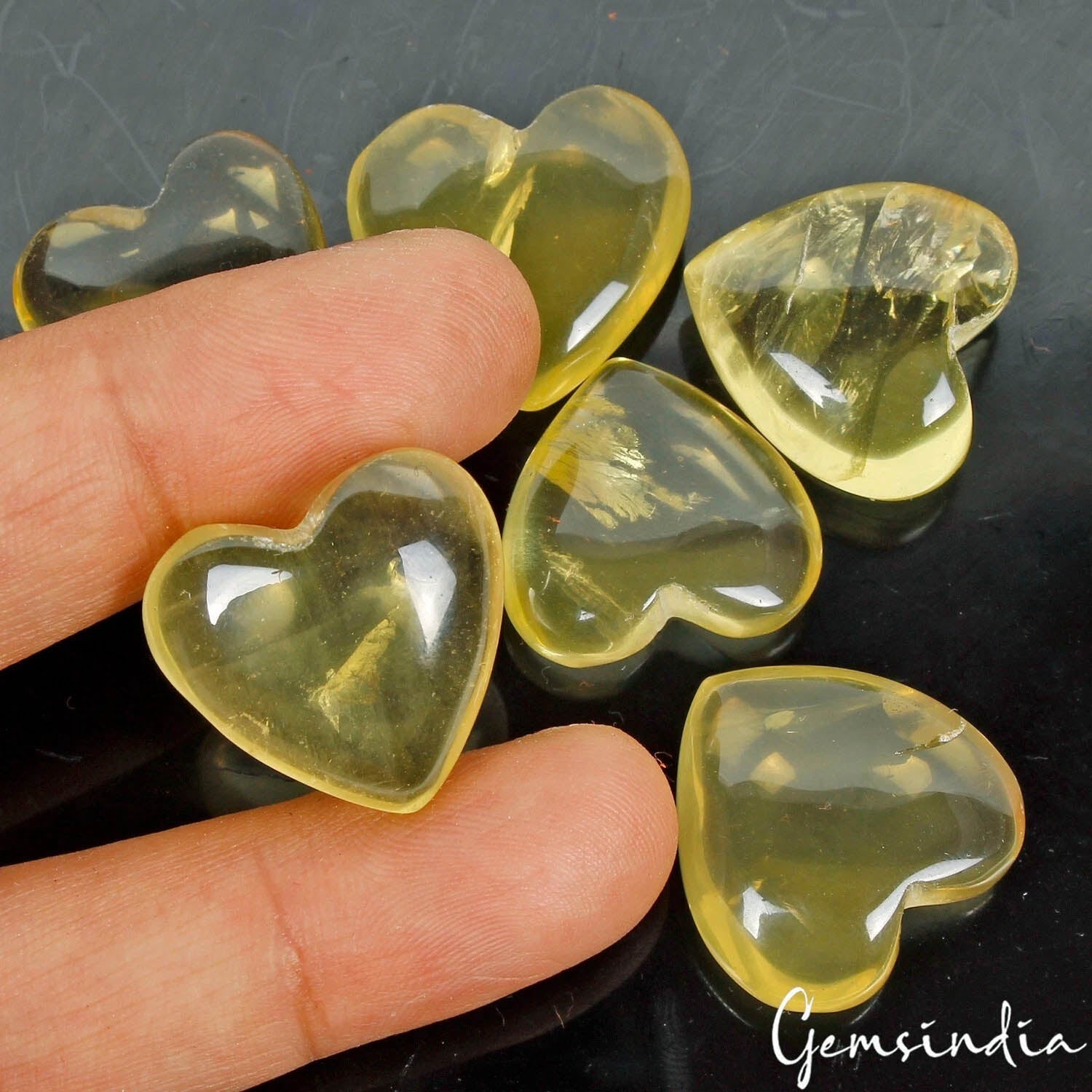 Natural 6 Pcs Lemon Quartz Citrine Heart Cabochon Set -Smooth Polished Gemstones