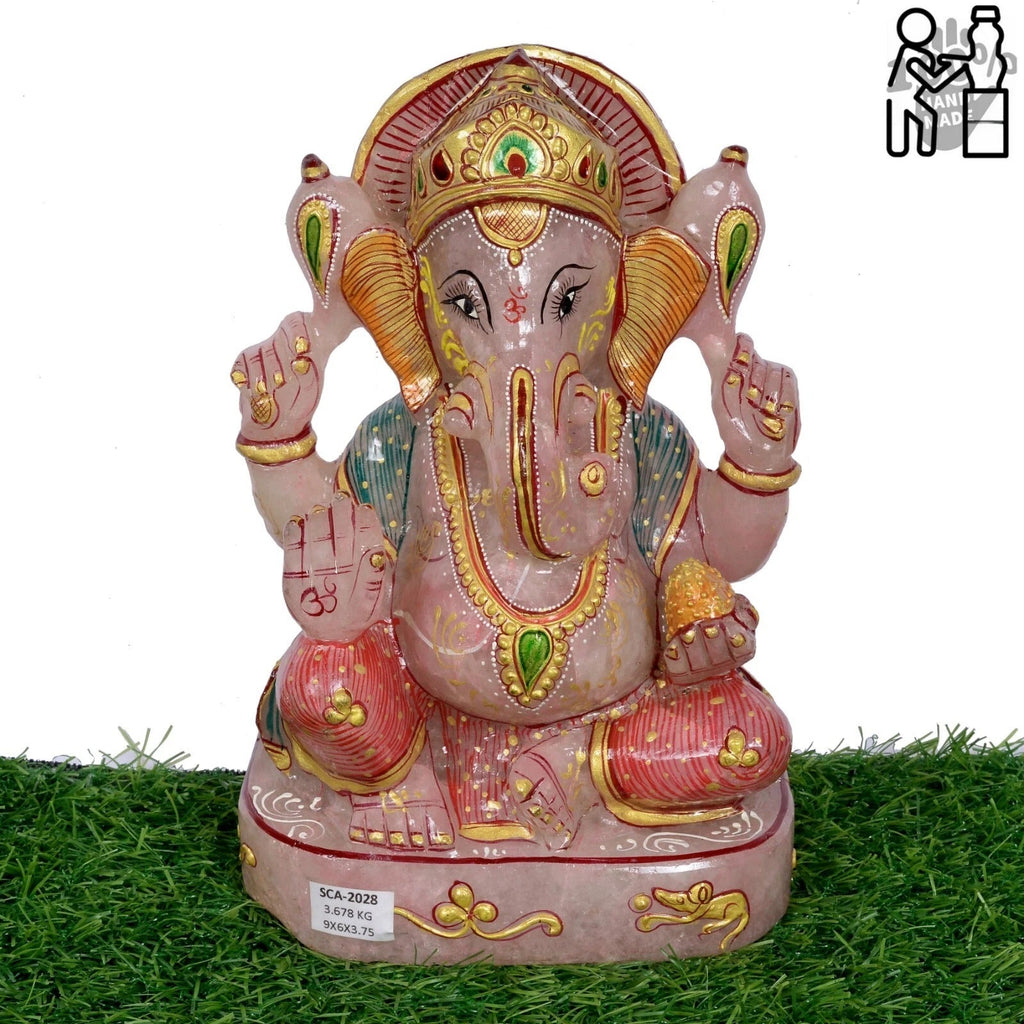 3.6 Kilo/9" Natural Untreated Pink Rose Quartz Gems Carved Ganesha Gold Painted