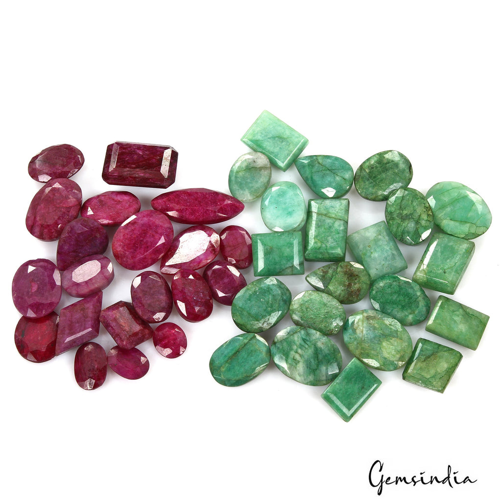 670 Cts/41 Pcs Natural Red Beryl Green Emerald Mixed Cut Loose Gems For Jewelry
