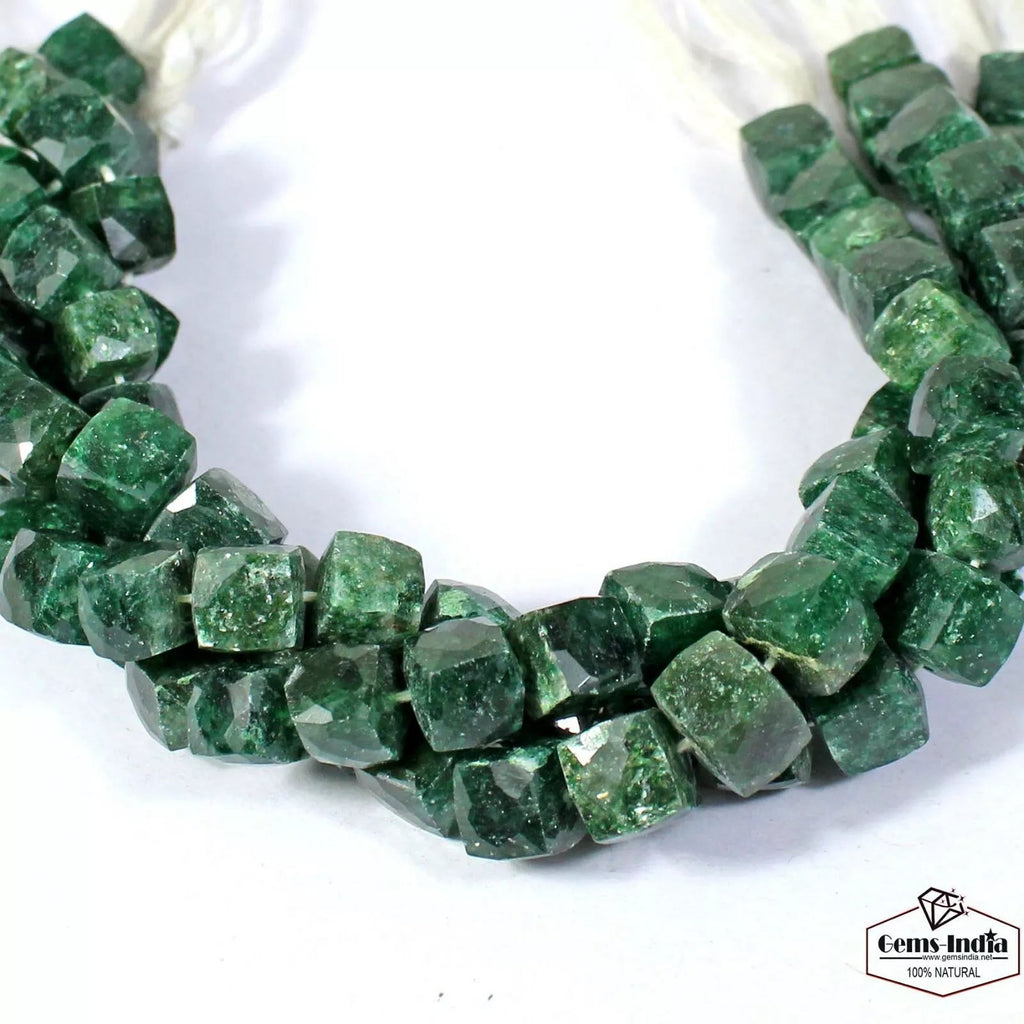 8" Each Natural Green Serpentine Gemstone Box/Cube Faceted 8-9mm Beads, 3 Strand