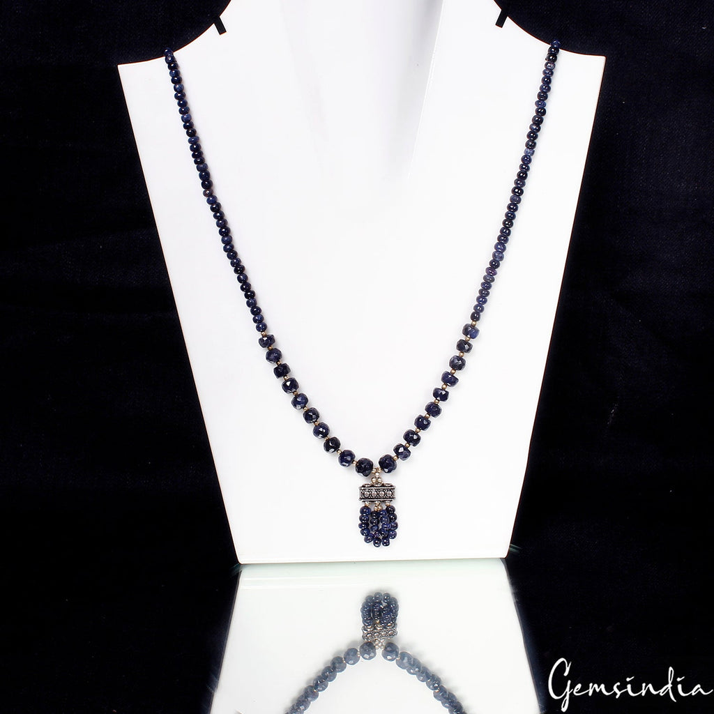 Handmade 21" Natural Sapphire Gemstone Beaded Blue Necklace for Women ~ 160.40Ct