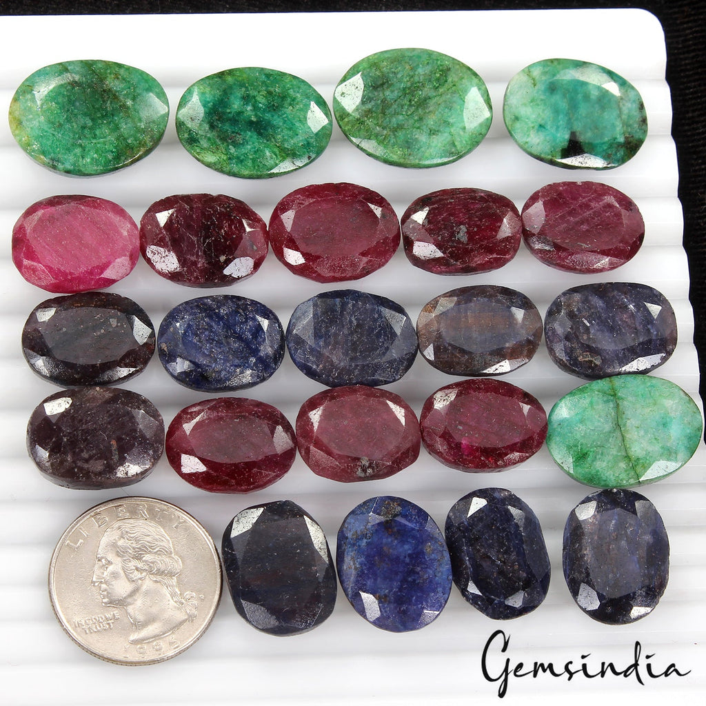 530 Ct 23 Pcs Natural Red Ruby Green Emerald Blue Sapphire All Oval Loose Gems