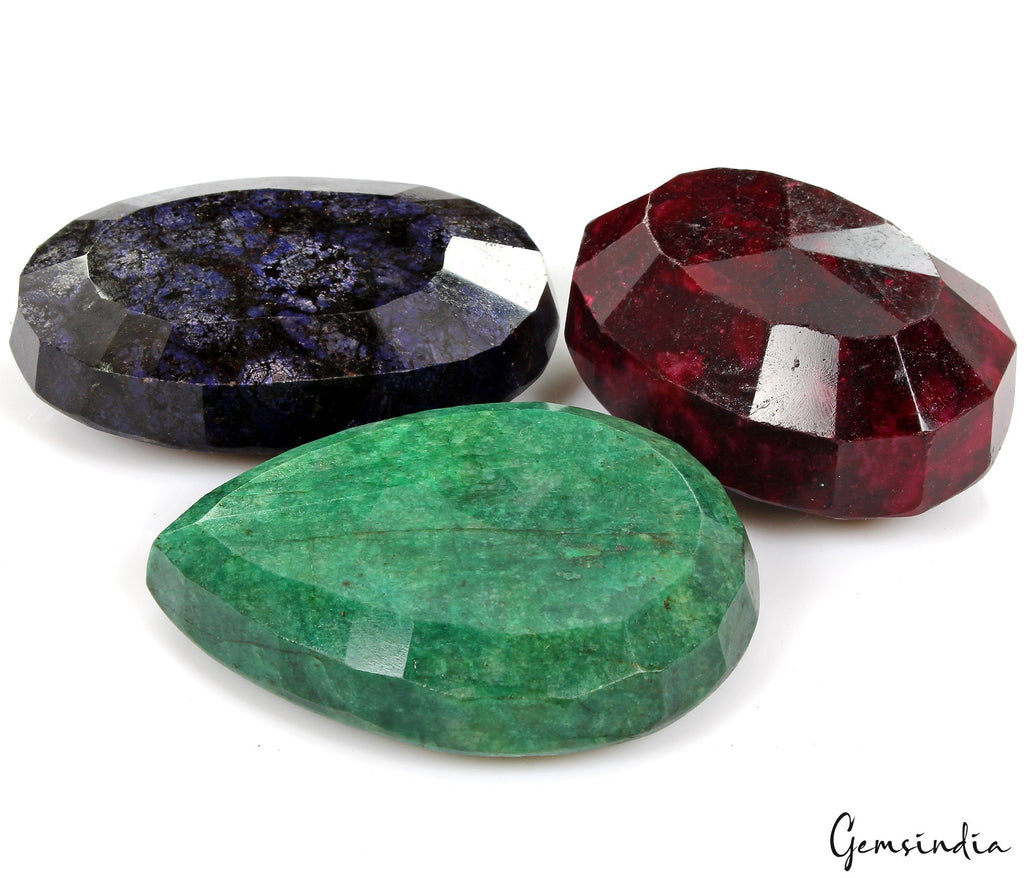 3020 Ct/3 Pcs Natural Multi Color Emerald Ruby Sapphire Mixed Cut Huge Gems Lot