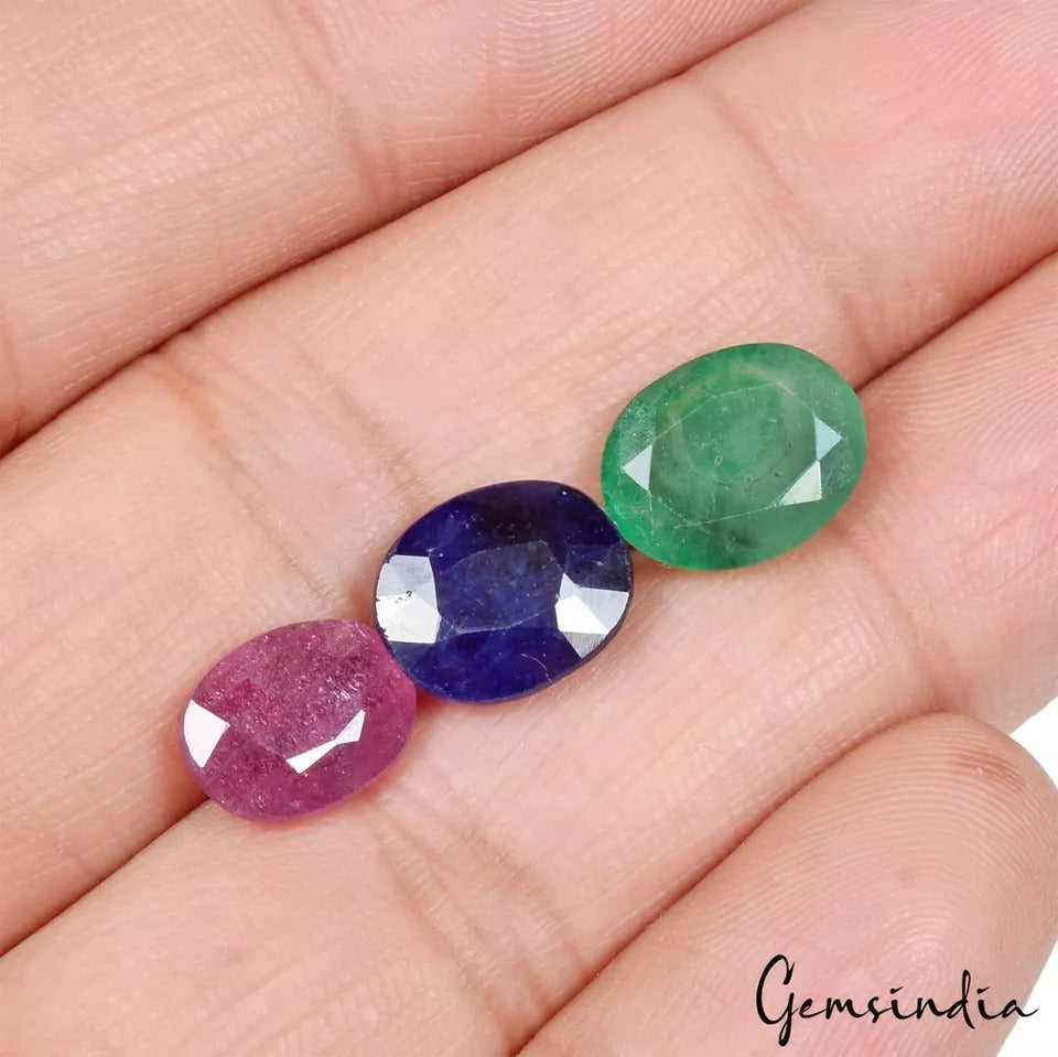 Certified 12 Ct/3 Pcs Natural Red Ruby Green Emerald Blue Sapphire Oval Cut Gems