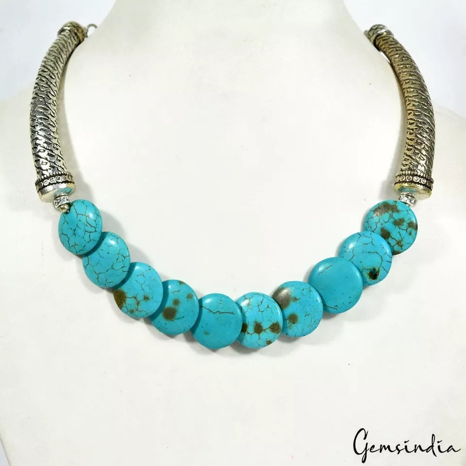 49.71Gm German Carved Silver/Blue Turquoise Gem Beaded Antique Hasli Necklace16"