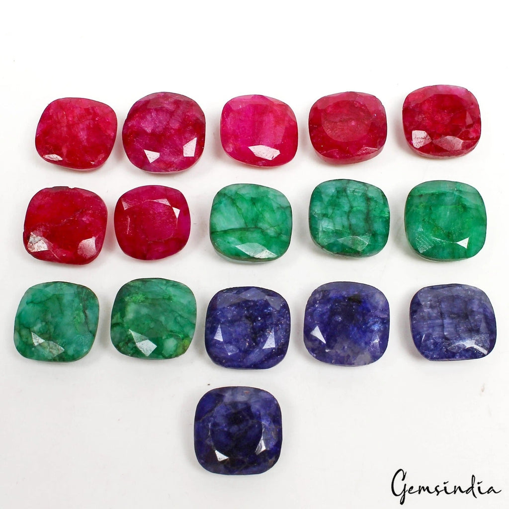 145 Ct/16 Pcs Natural Blue Pink Beryl Green Emerald Cushion Cut Loose Gemstones