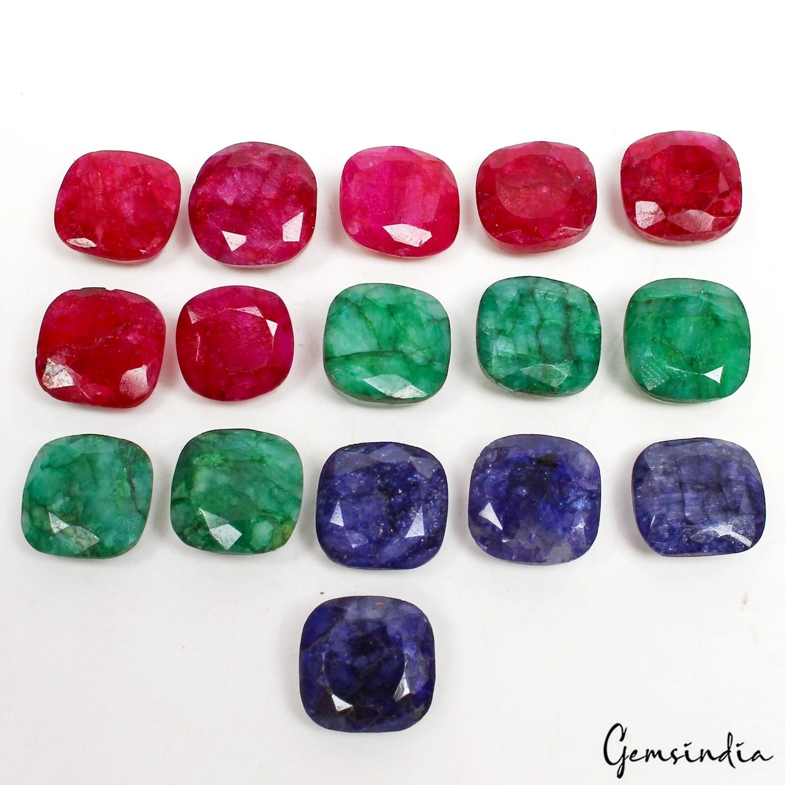145 Ct/16 Pcs Natural Blue Pink Beryl Green Emerald Cushion Cut Loose Gemstones