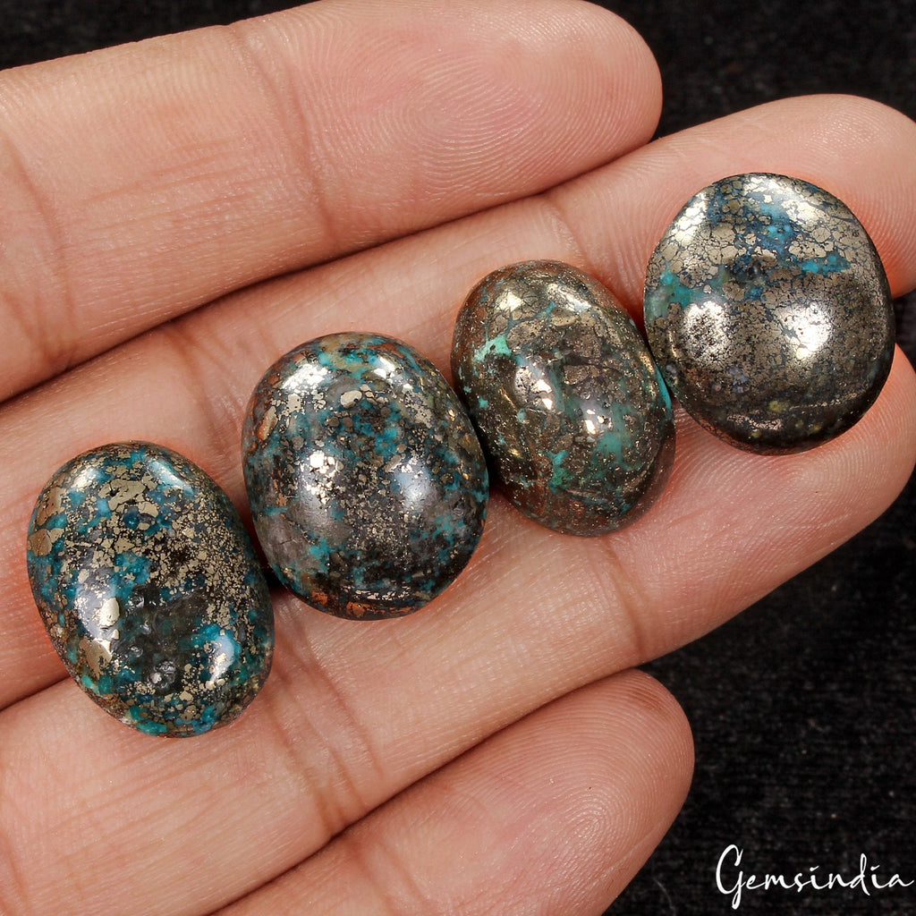4 Pcs Untreated Turquoise Cabochons, Natural Color, Hand Cut Copper Bearing Gems