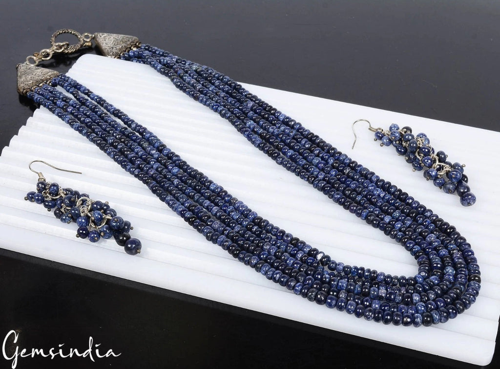 560 Cts Earth Mined 5 Strand Blue Sapphire Round Cab Beads Necklace w/ Earrings