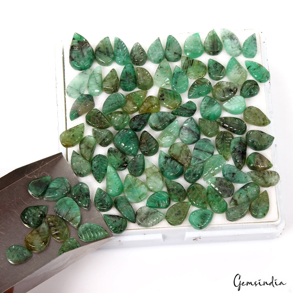 Certified 180.00 Ct/88 Pcs Natural Untreated Green Emerald Leaf Hand Carved Gems