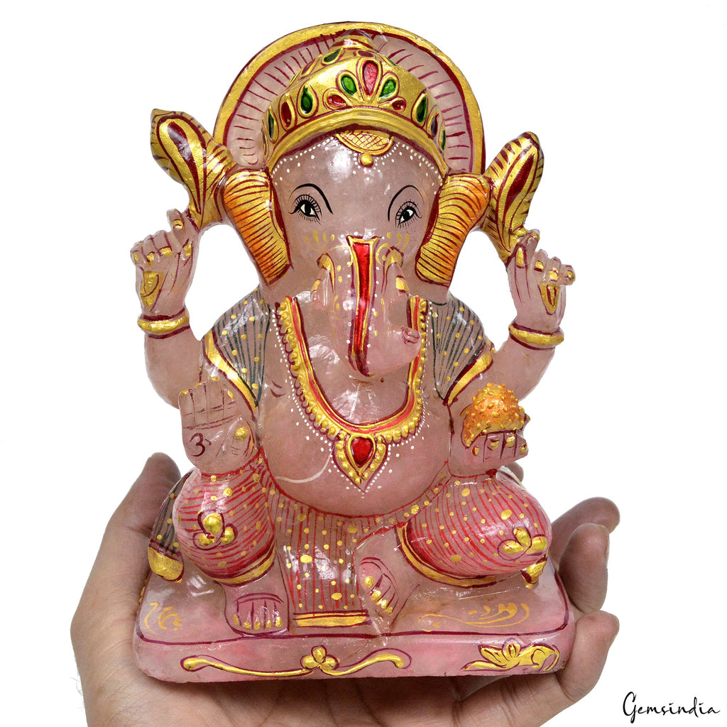 1.7 Kg Natural Rose Quartz Single Stone Carved Lord Ganesha Gold Paint Sculpture