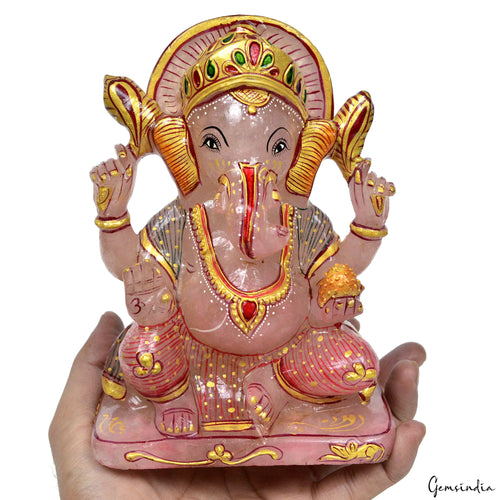 1.7 Kg Natural Rose Quartz Single Stone Carved Lord Ganesha Gold Paint Sculpture