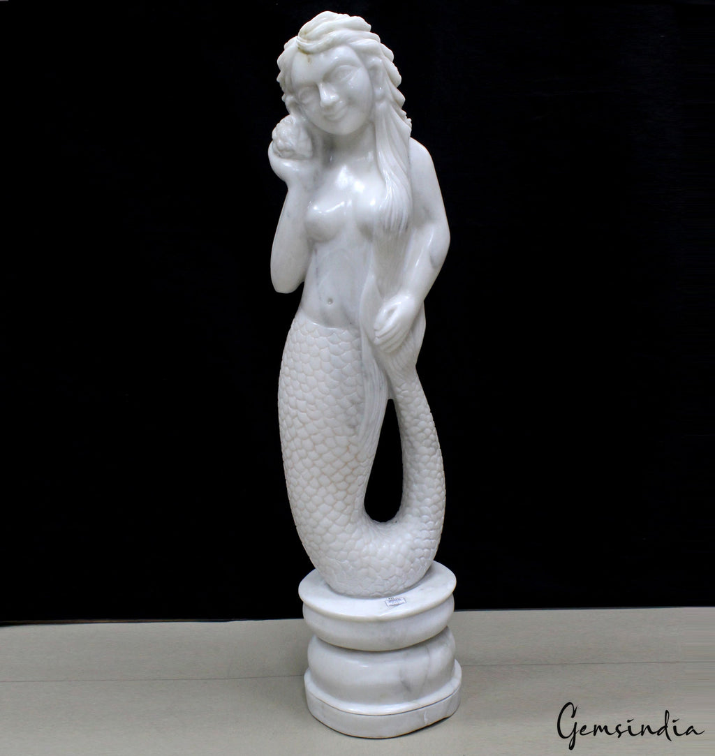 Mermaid Statue X-Large 33.7" White Marble Sculpture Handmade Home/Porch Decor