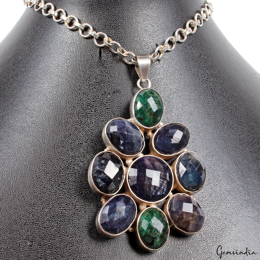 53.20 gm 925 Sterling silver Huge Size Emerald Sapphire Handmade Pendant Jewelry