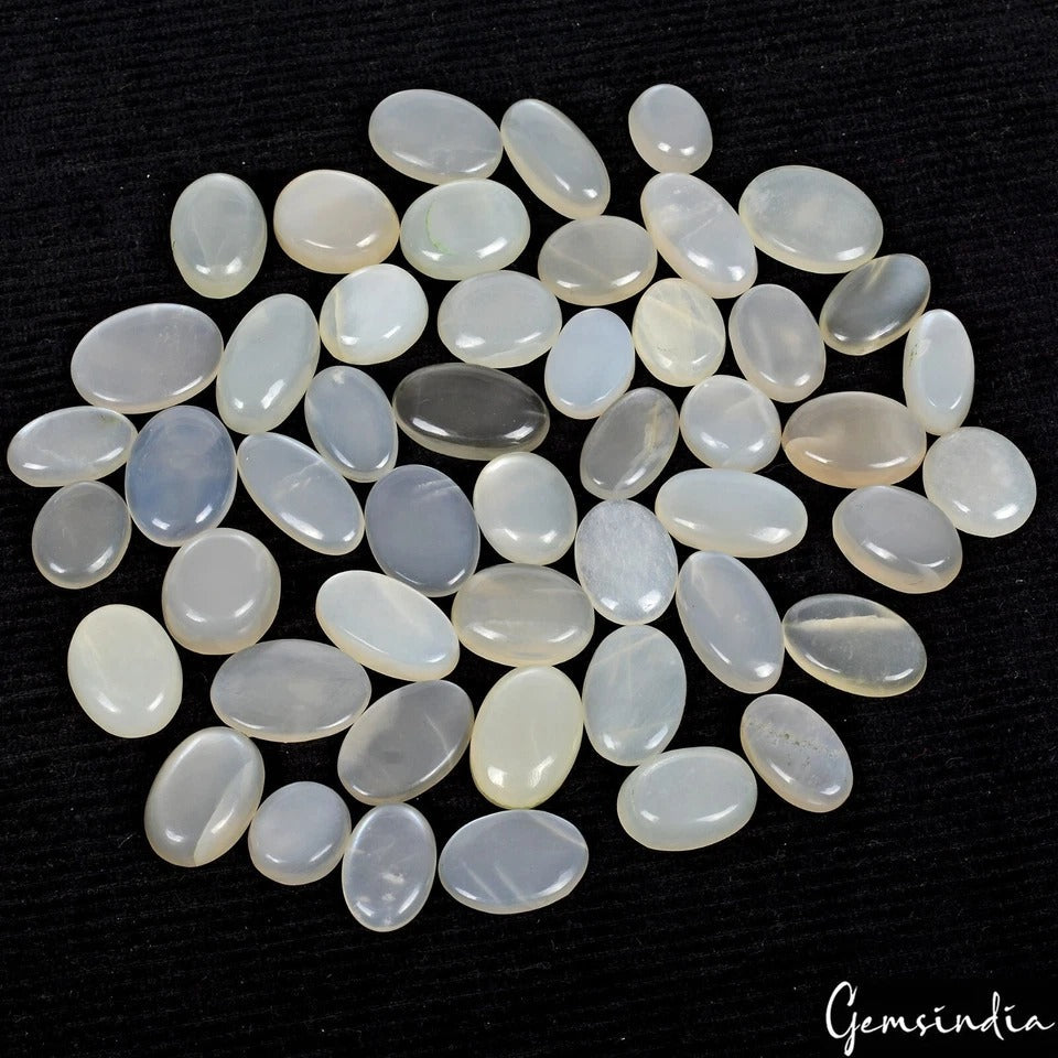 320 Cts/50 Pcs Natural Silky Gray Moonstone Oval Cab Loose Gems Lot for Jewelry