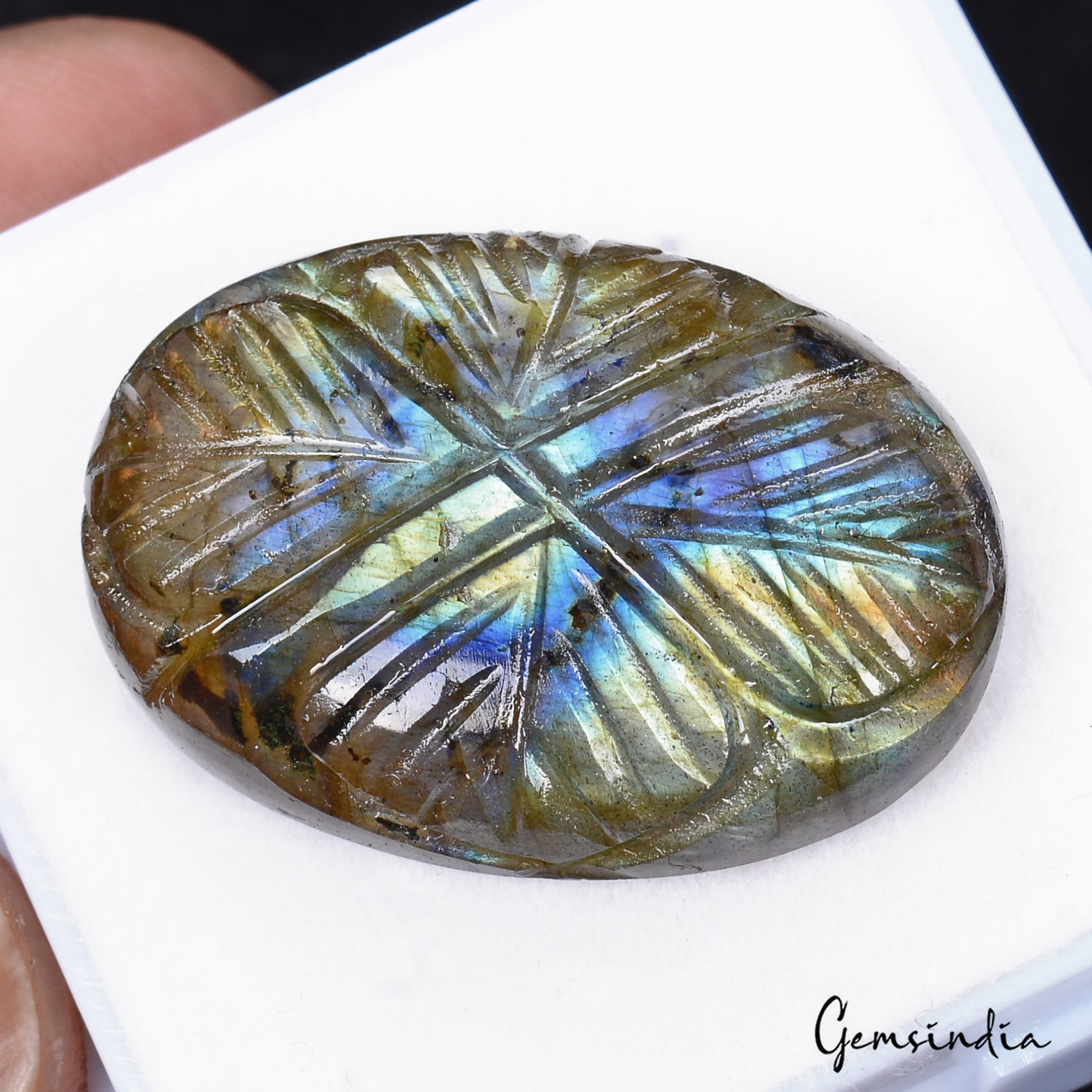 Certified 42.90 Cts Natural Multi Color Shine Labradorite Oval Carved Loose Gem