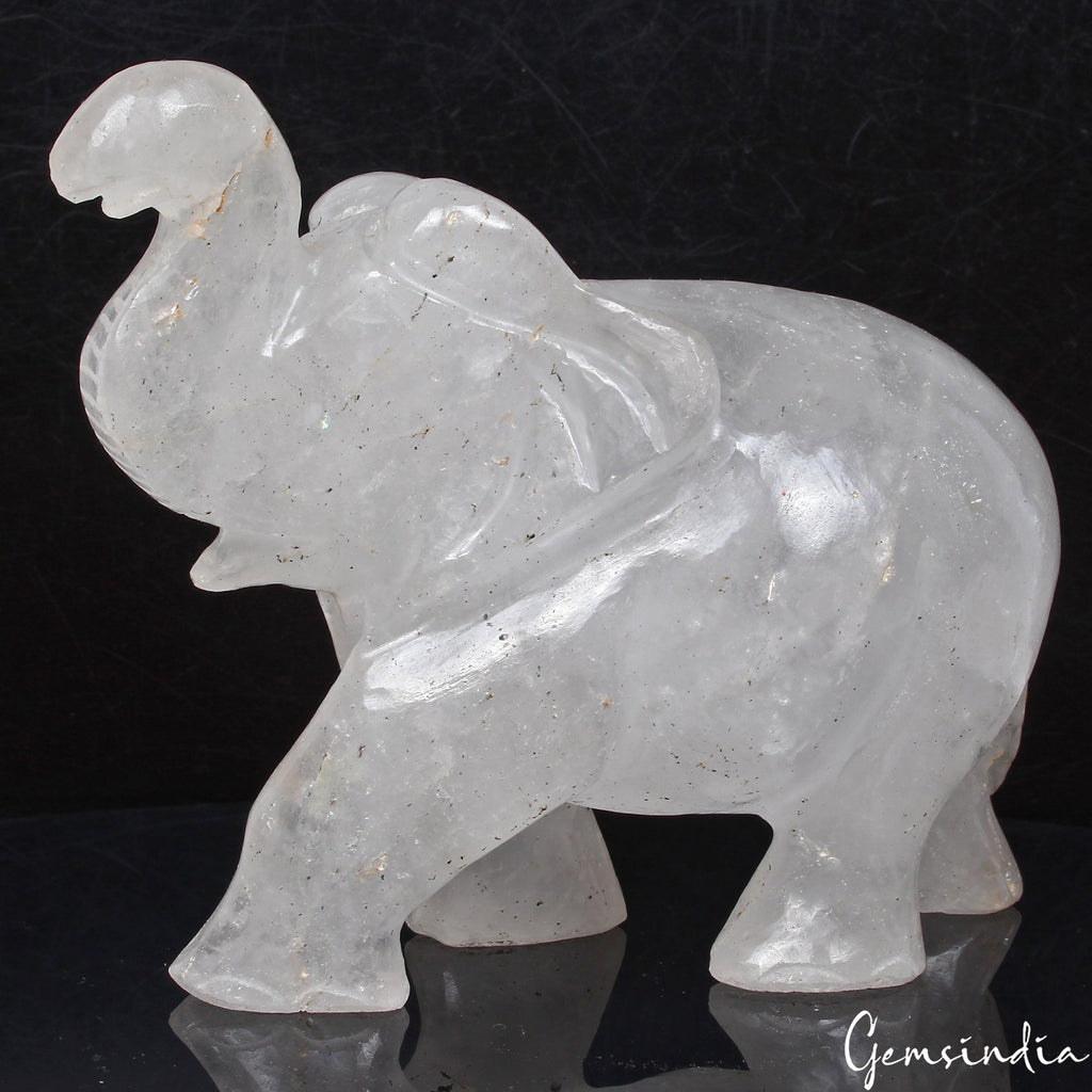 Handmade 1760 Cts Natural White Quartz Trunk Up Elephant Sculpture/Home Decor