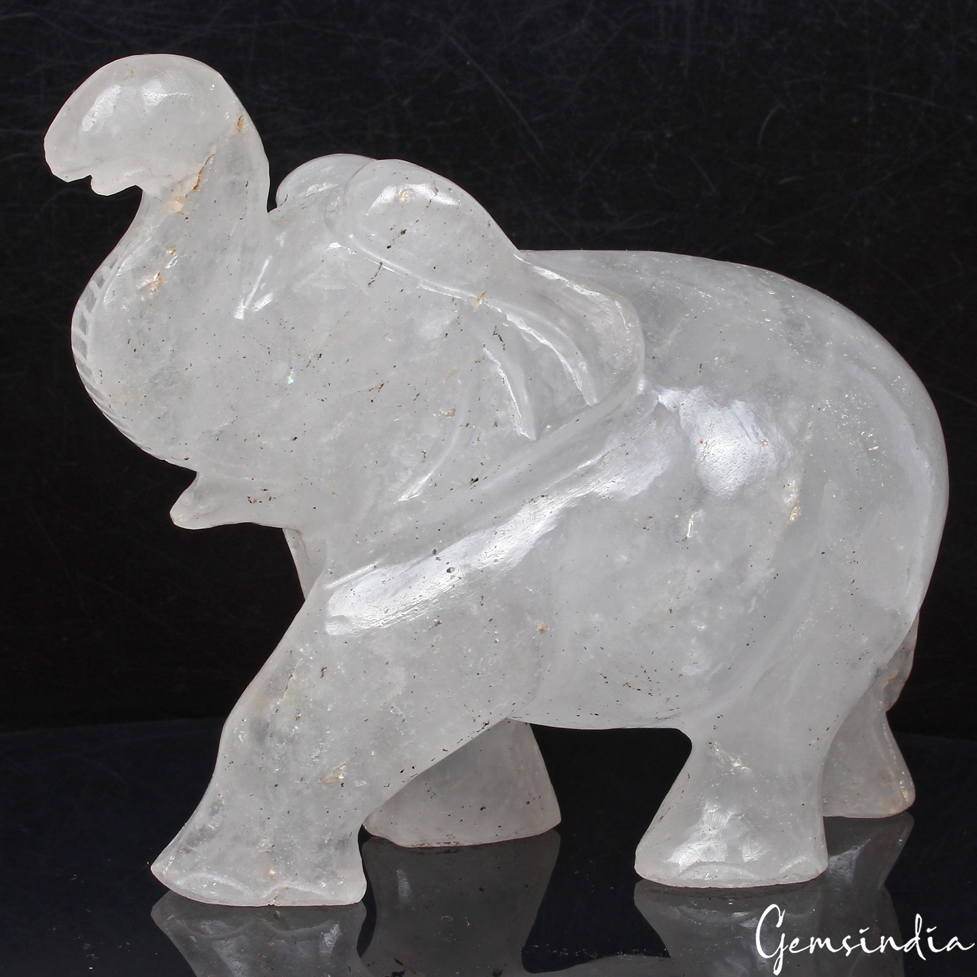 Handmade 1760 Cts Natural White Quartz Trunk Up Elephant Sculpture/Home Decor