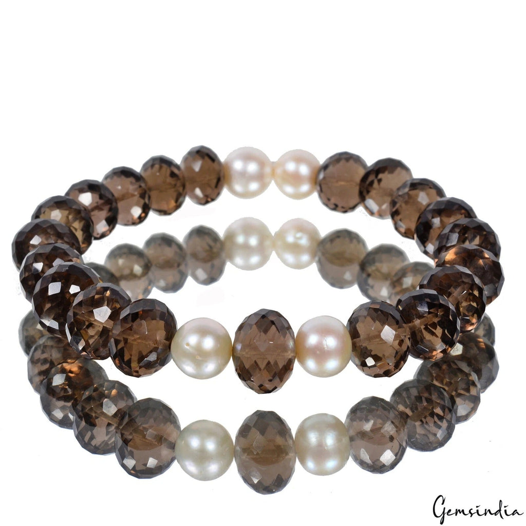 101.40 Ct Natural Brown Smoky Quartz & Pearl Beaded Stretch Handmade Bracelet-7"