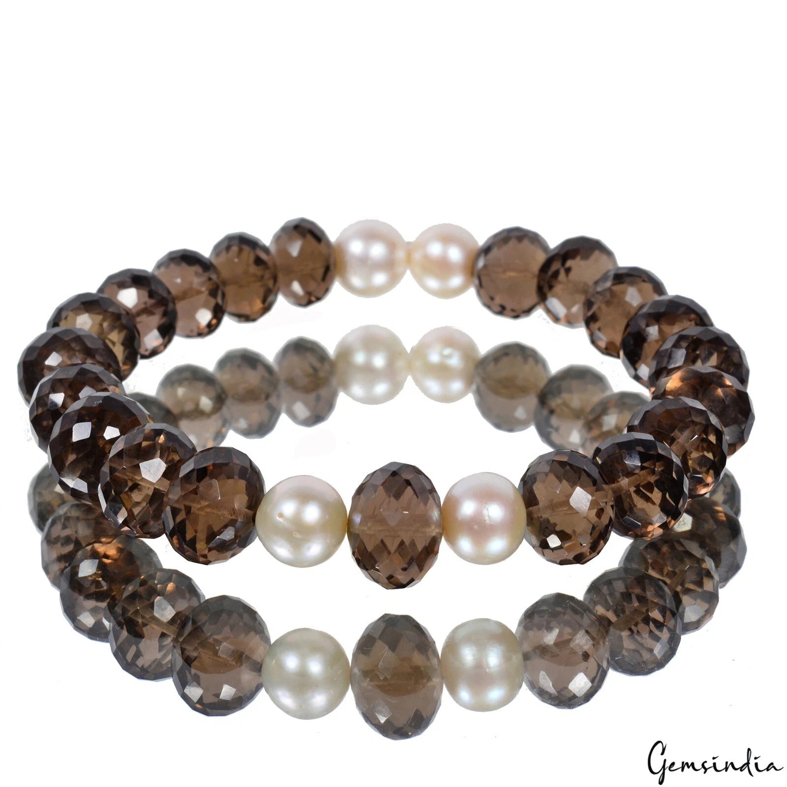 101.40 Ct Natural Brown Smoky Quartz & Pearl Beaded Stretch Handmade Bracelet-7"