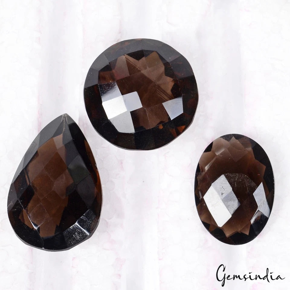 3 Pcs Natural Brown Smoky Quartz 25-31mm Mix Checker Cut Loose Jewelry Gemstones
