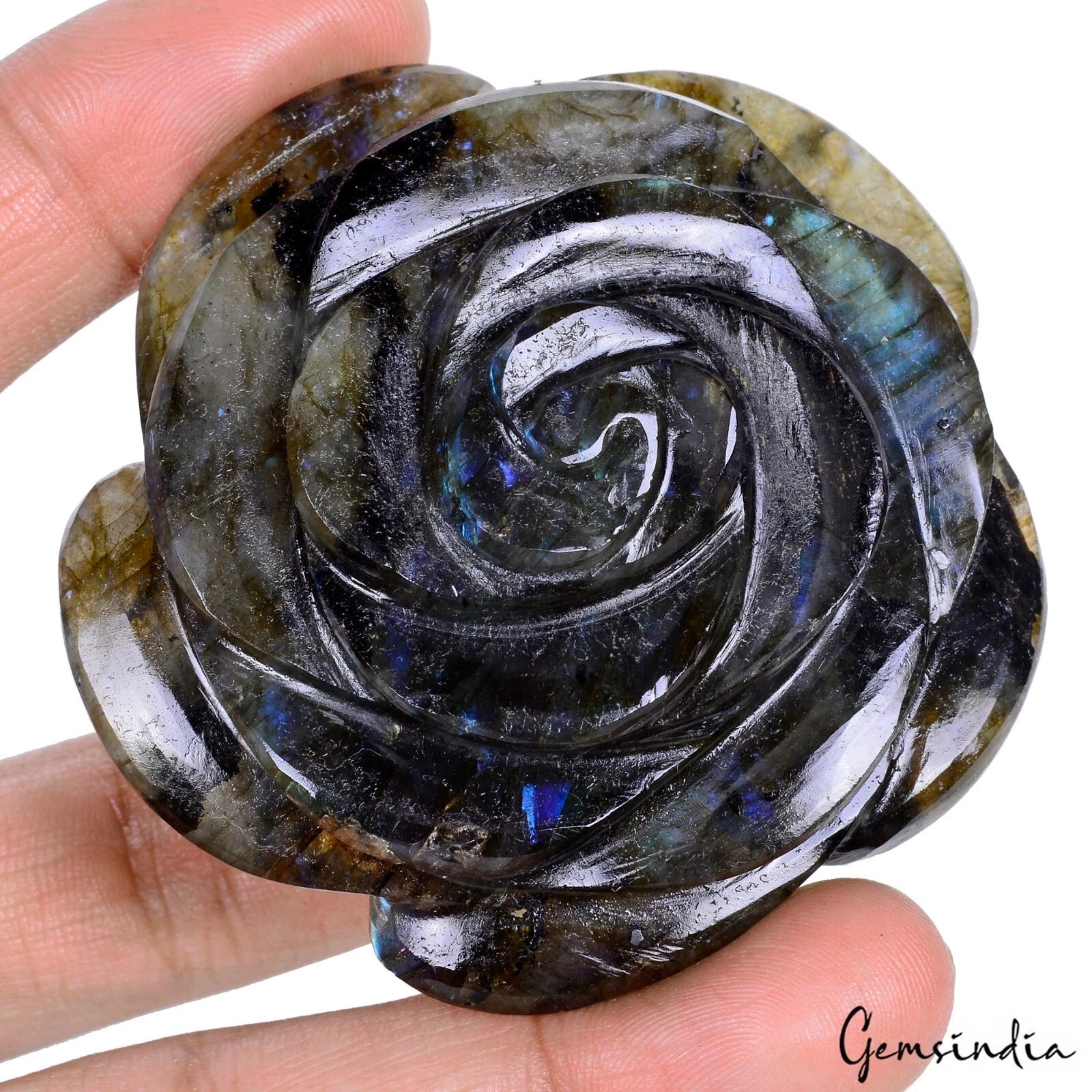 740 Ct Natural Untreated Blue Shine Labradorite Carved Rose Flower Rare Gemstone