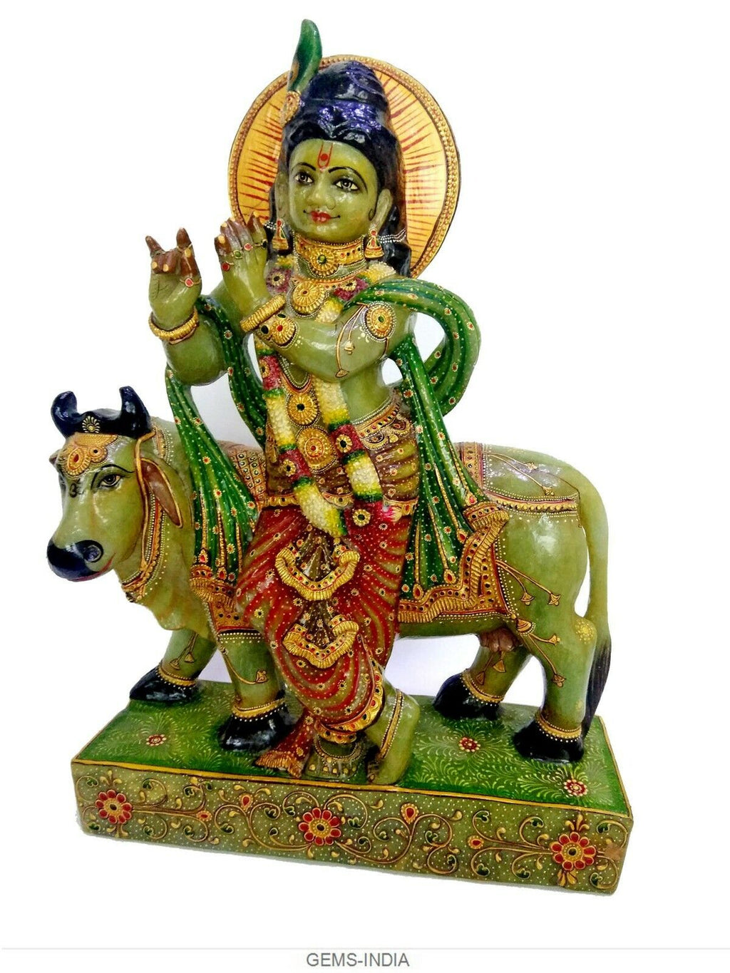 25.8 Kilo Natural Aventurine Carved Hindu Diety Krishna Cow Statue Home Decor