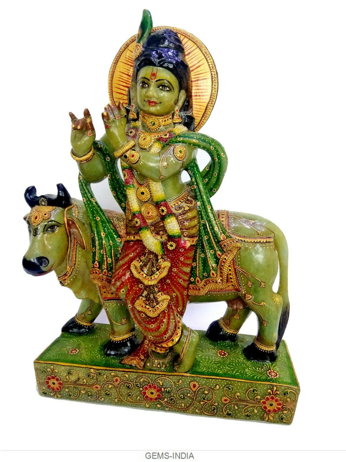 25.8 Kilo Natural Aventurine Carved Hindu Diety Krishna Cow Statue Home Decor