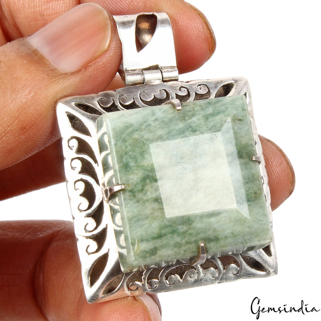 29.41 Gm Natural Green Emerald 925 Sterling Silver Hand Crafted Square Pendant