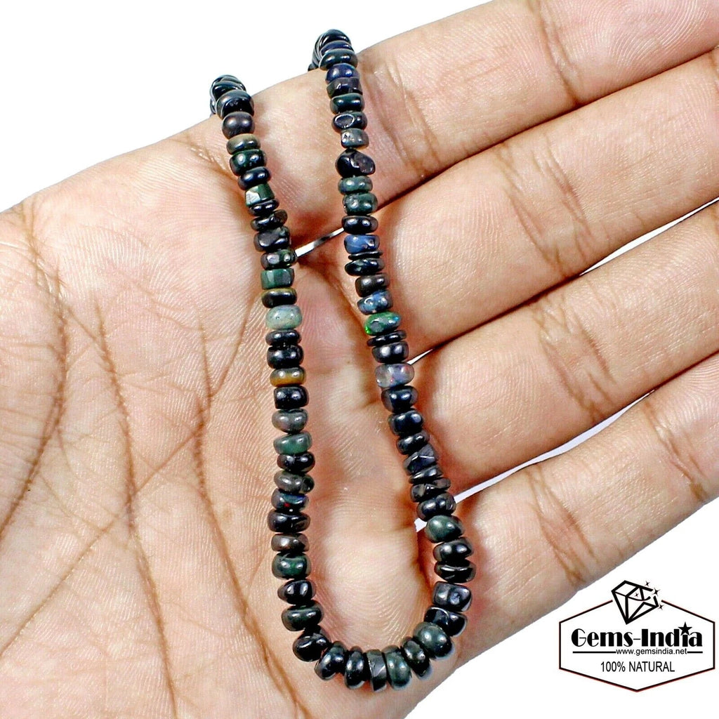 42.80 Cts Natural Ethiopian Welo Fire Black Opal Round Cab Gems Bead Strand 16"