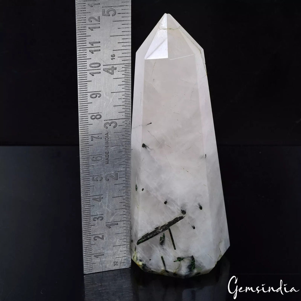 5" Natural Black Tourmaline Rutilated Quartz Tower Crystal Point Obelisk Stone