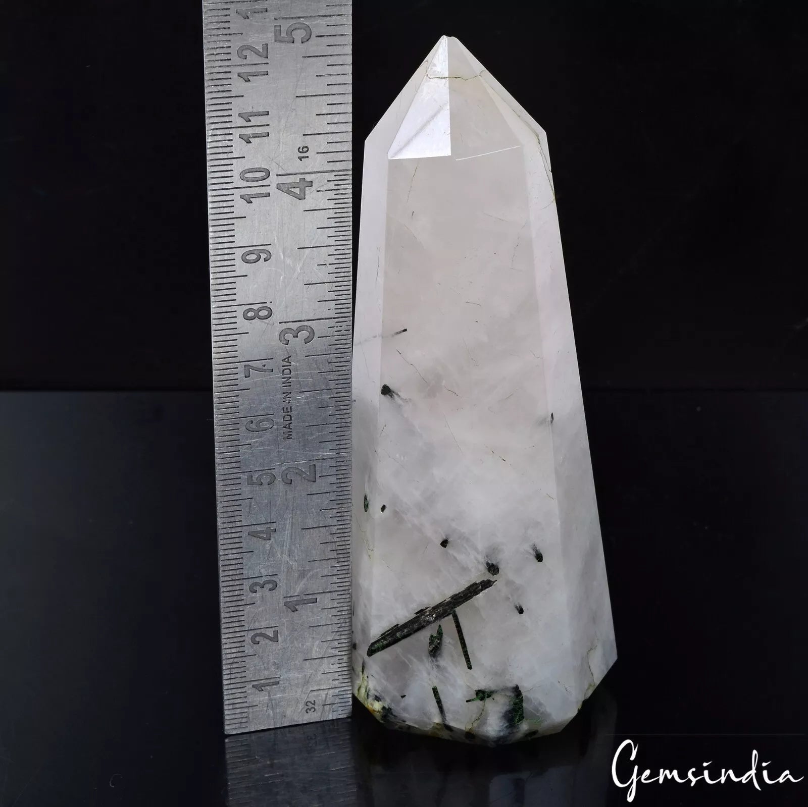 5" Natural Black Tourmaline Rutilated Quartz Tower Crystal Point Obelisk Stone
