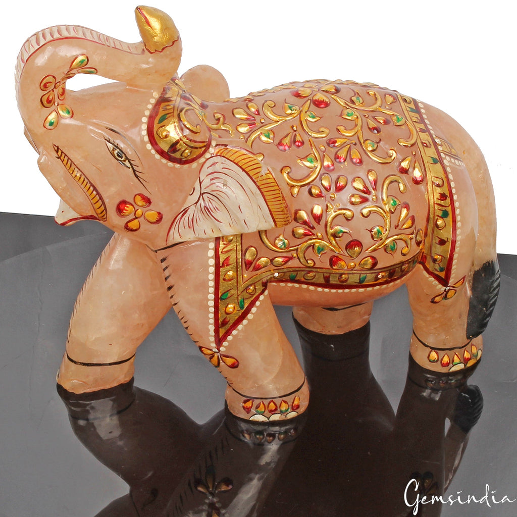 3940 Cts Rose Quartz Elephant Home Decor Gold Paint Animal Handmade Sculpture ~