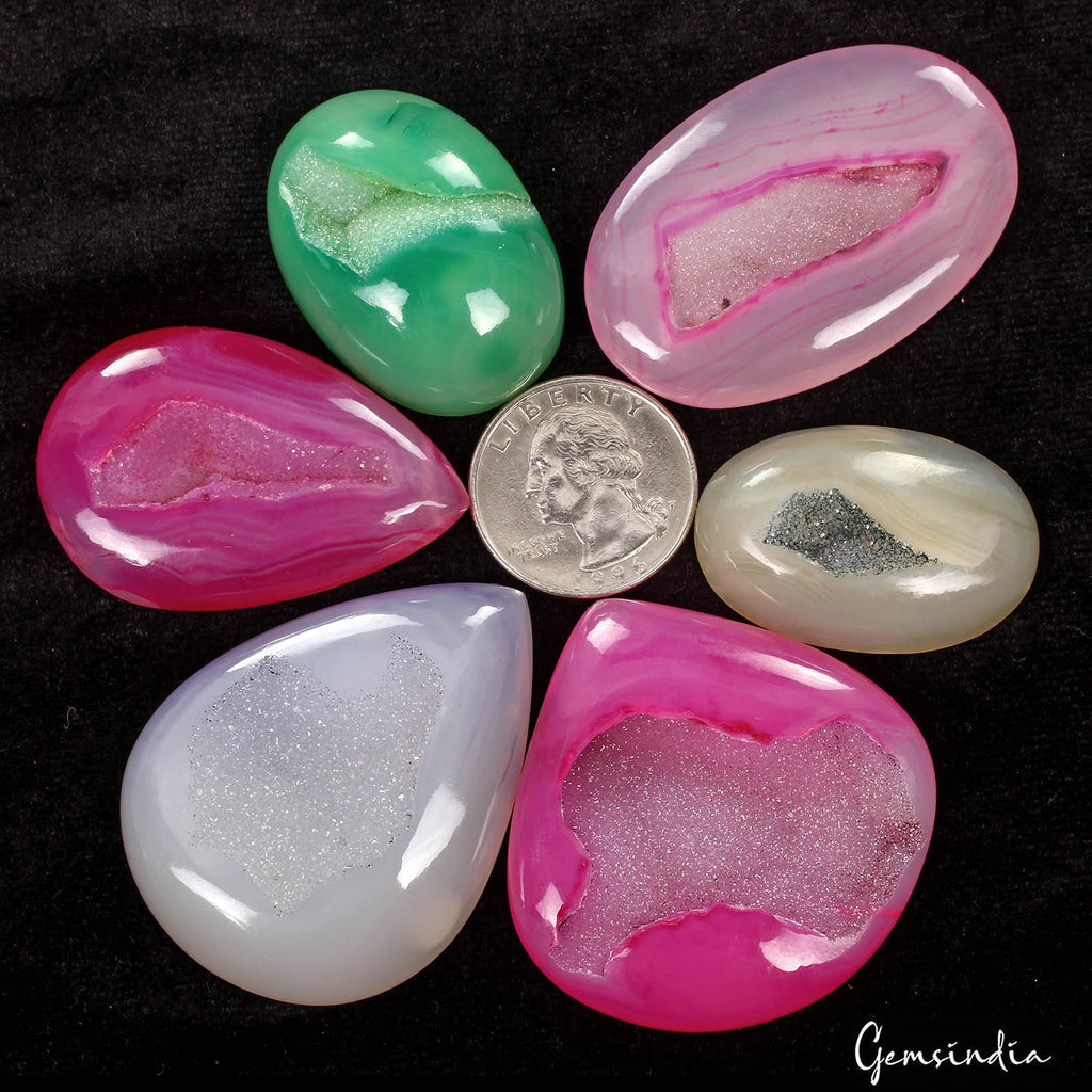 570 Ct Natural Multicolor Druzy Onyx Mix Cabochon 35-50mm Loose Gemstone Lot 6Pc