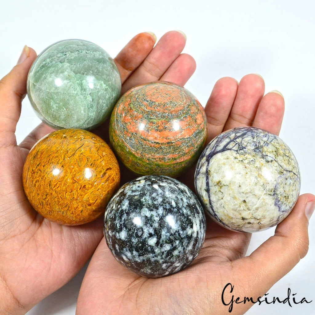 Multi-Gemstone Sphere, Untreated — 5 Pieces, 50mm to 53mm, 1.007 Kg (5035 Ct)
