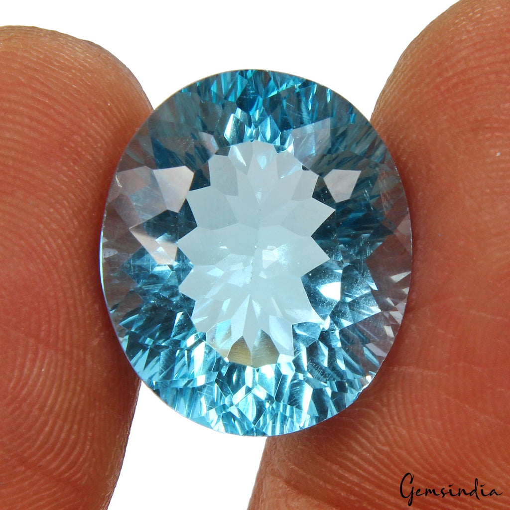 Oval Concave Cut igl&i Certified Natural Swiss Blue Topaz 16.90 Ct Full Fire Gem