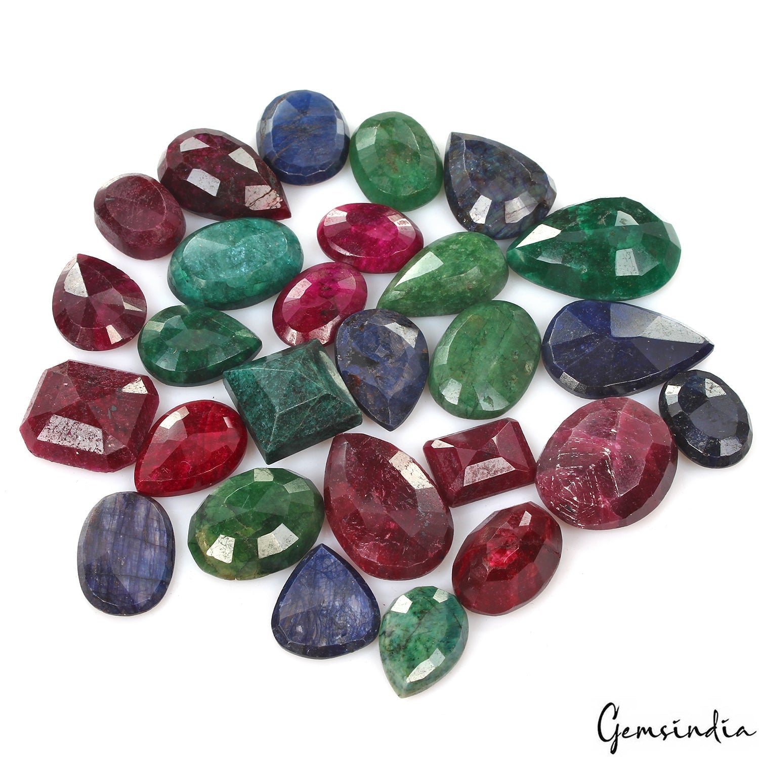 Certified 580 Ct/33 Pcs Natural Red Ruby Green Emerald Blue Sapphire Mix Cut Gem