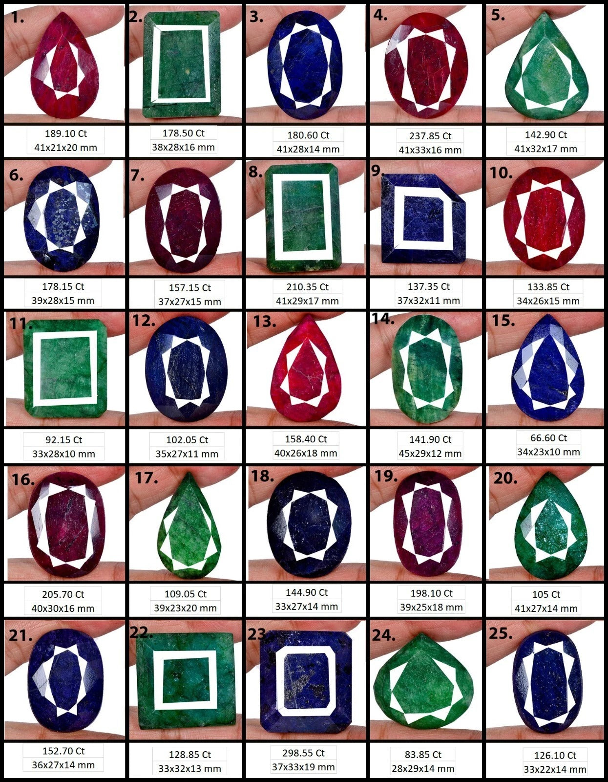 Natural 3860 Ct/25 Pcs Ruby Emerald & Sapphire Mix Shape Loose Gemstones 28-48mm