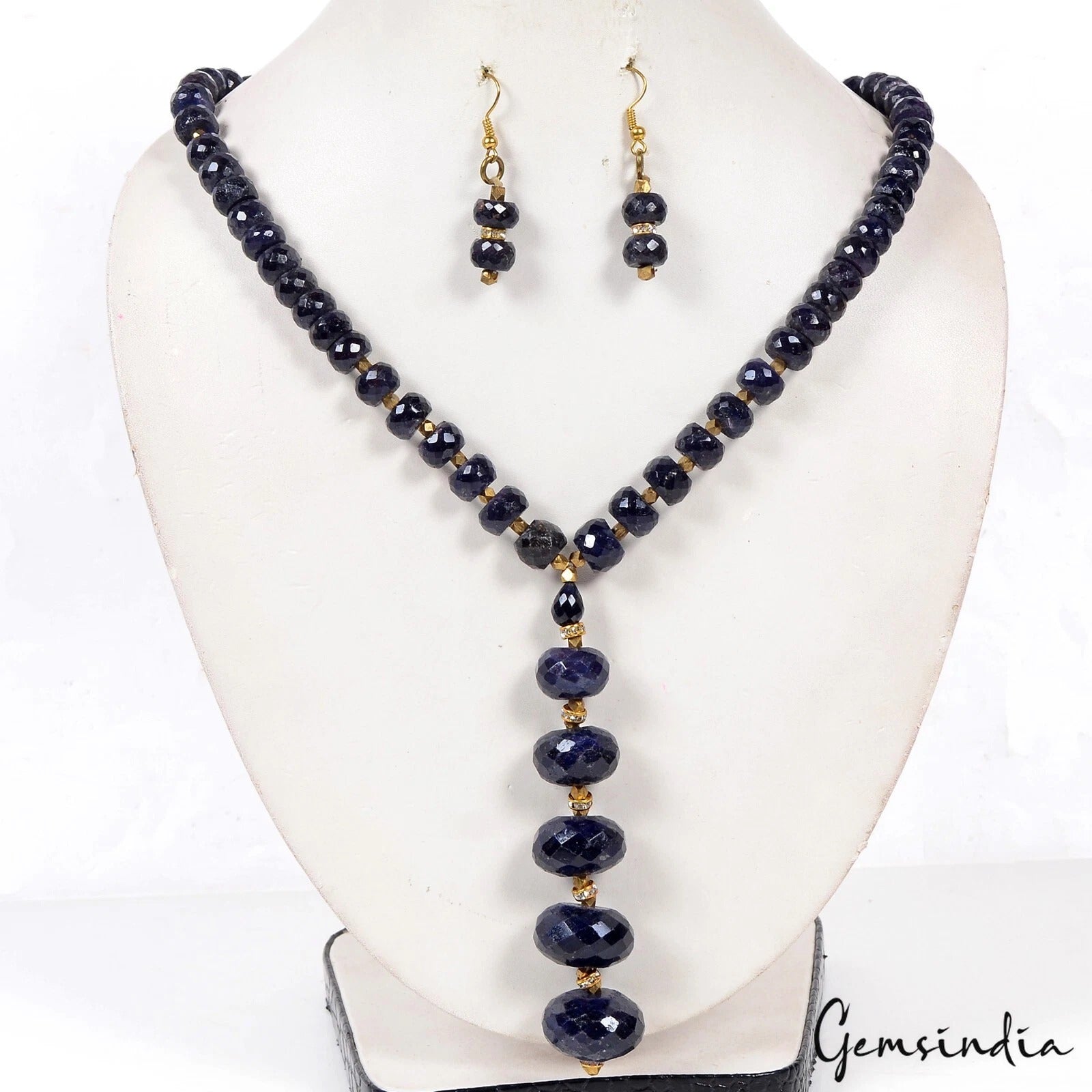 682 Ct Natural Dark Blue Sapphire Gems Round Faceted Beaded Handmade jewelry Set