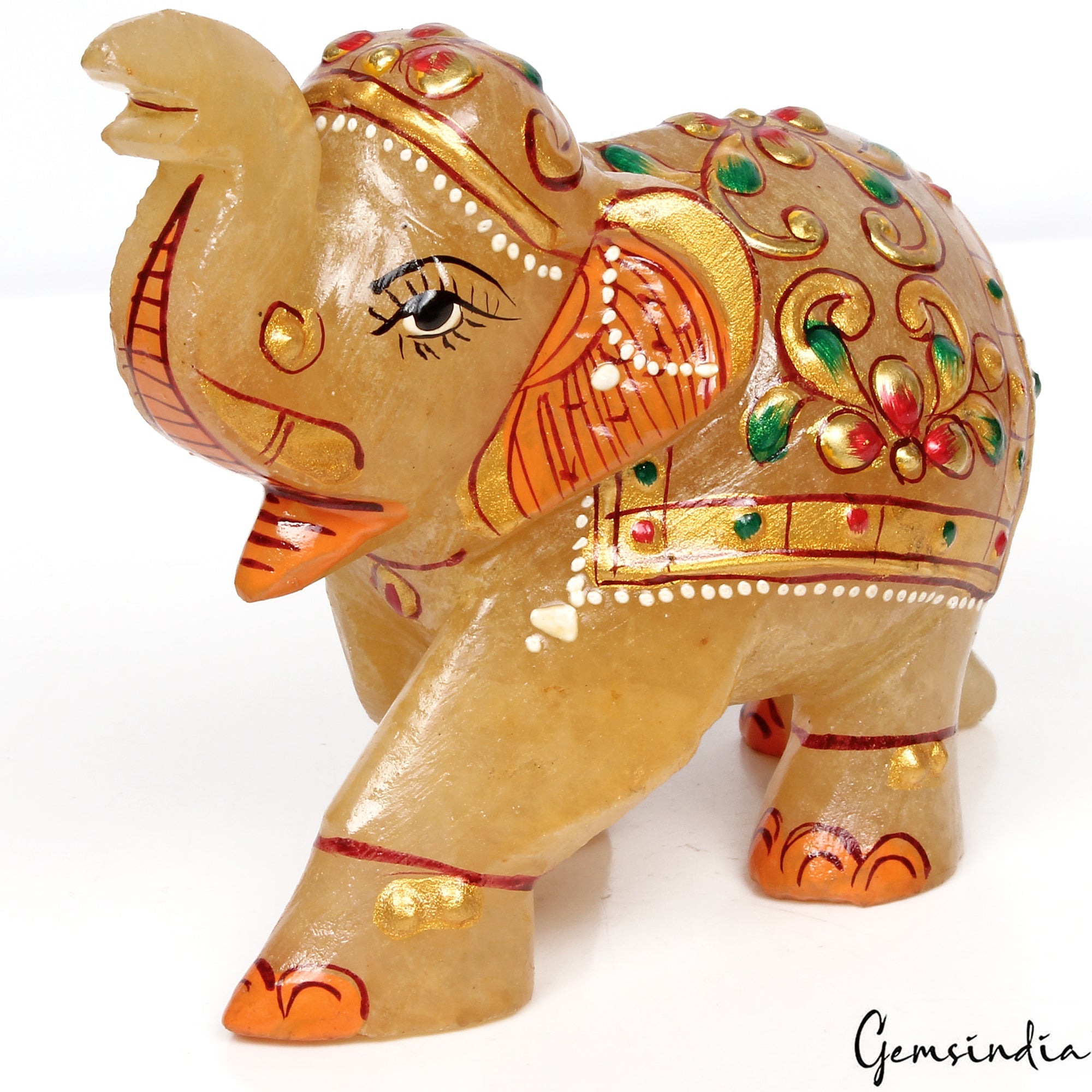 1160 Ct Hand Crafted Gold Painted Trunk Up Elephant Natural Aventurine Sculpture