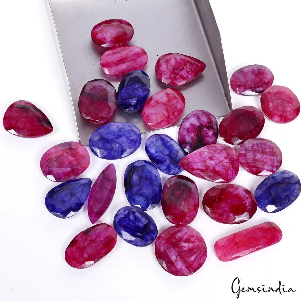 500 Cts/27 Pcs Natural Red & Blue Beryl Mix Faceted Cut Loose Gems for Jewelry
