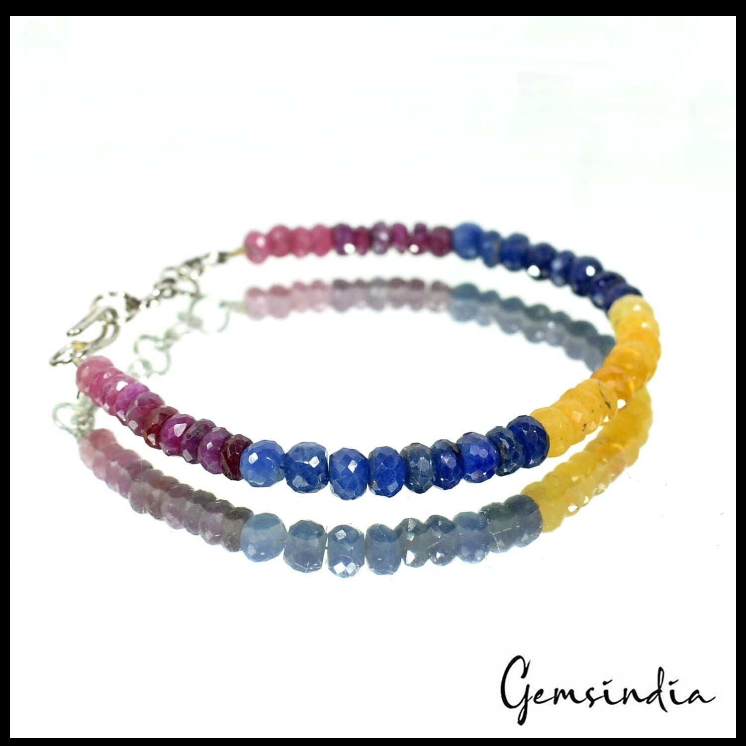 7.5" Natural Ruby Sapphire Handmade Multi gemstones Beaded Single Line Bracelet