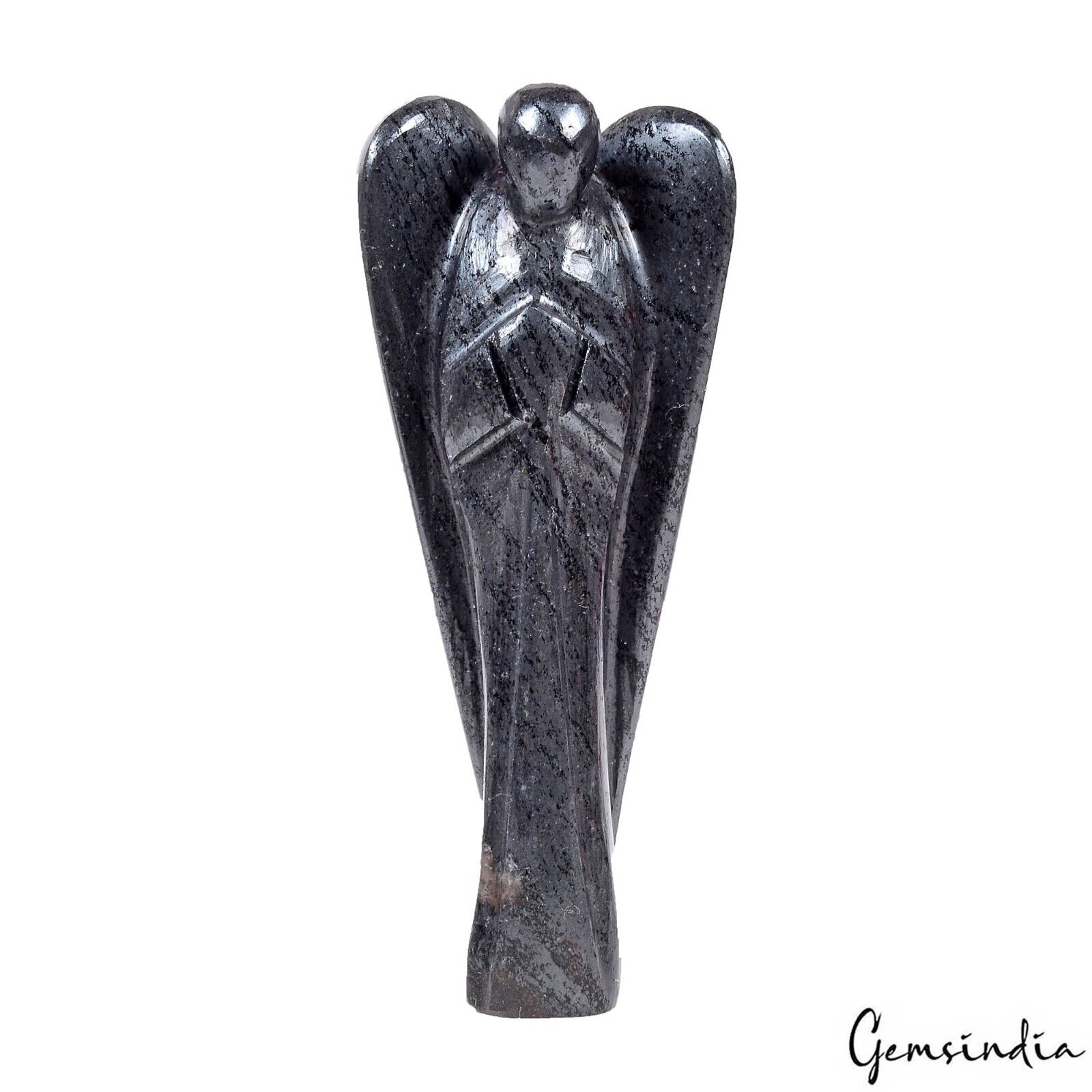 340 Ct Natural Untreated Gunmetal Single Stone Carved Angel Pocket Size Statue
