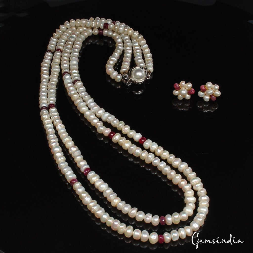 247.00 Ct Natural Freshwater Pearl & Ruby Round Cab Beaded Handmade Necklace Set